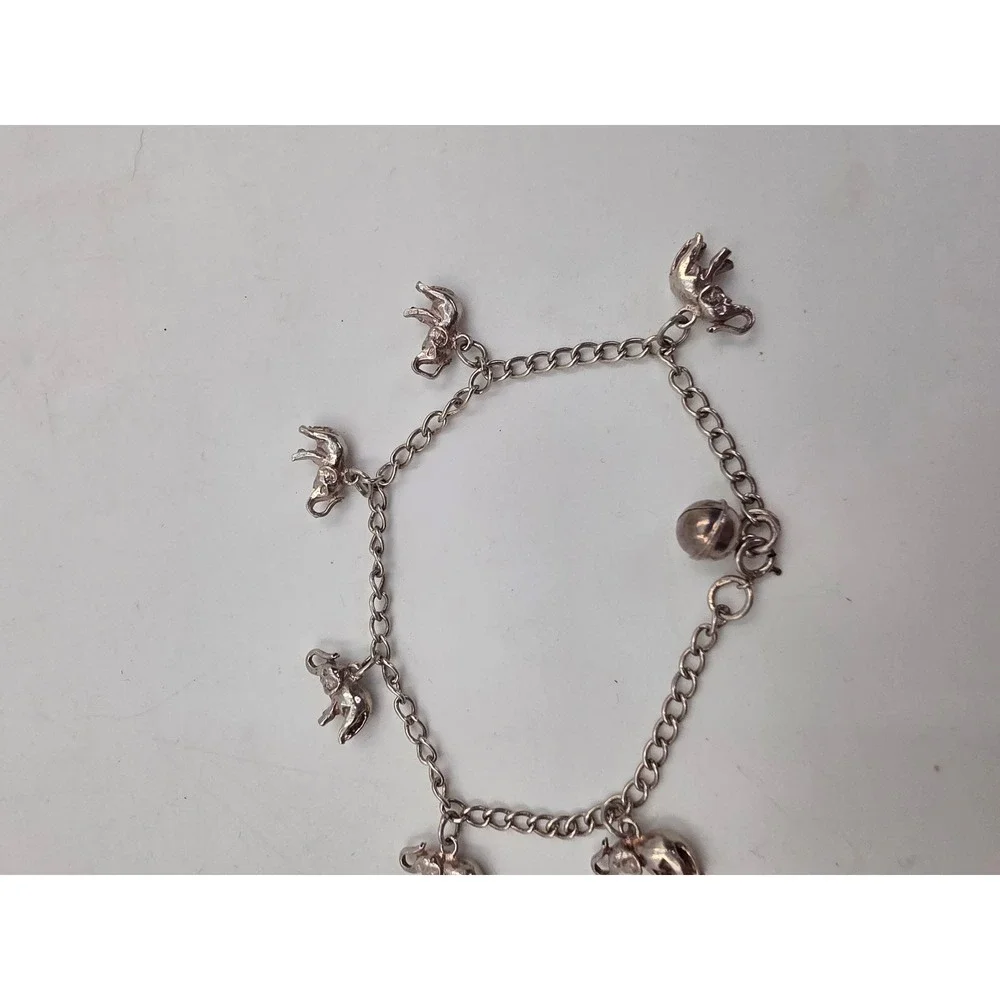 925 Sterling Silver Elephant Charm Bracelet with Bell Good Luck Jewelry 11.42g